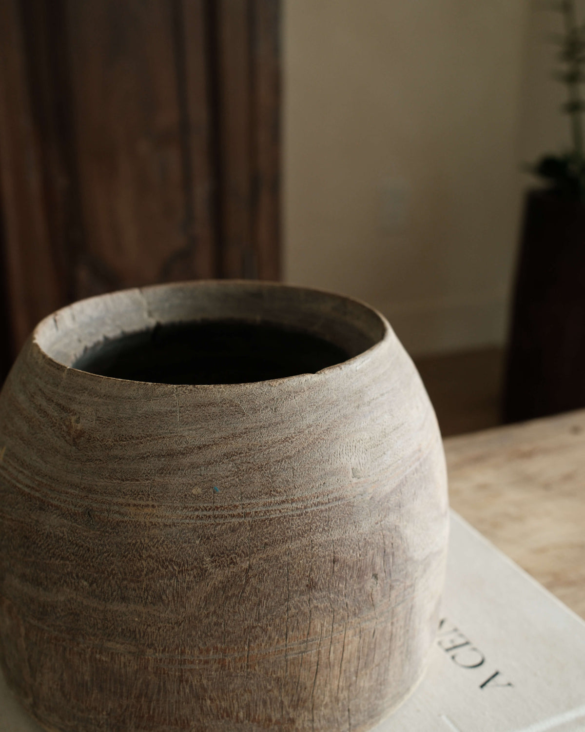Primitive Hand Carved Wood Pot 9"
