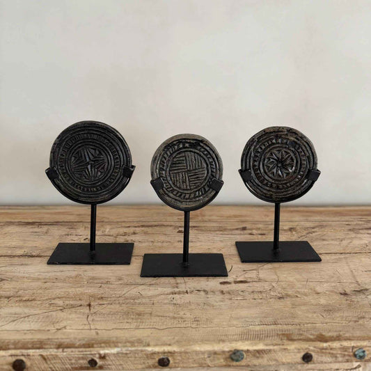 Antique Black Stone Biscuit Mold on Iron Stand