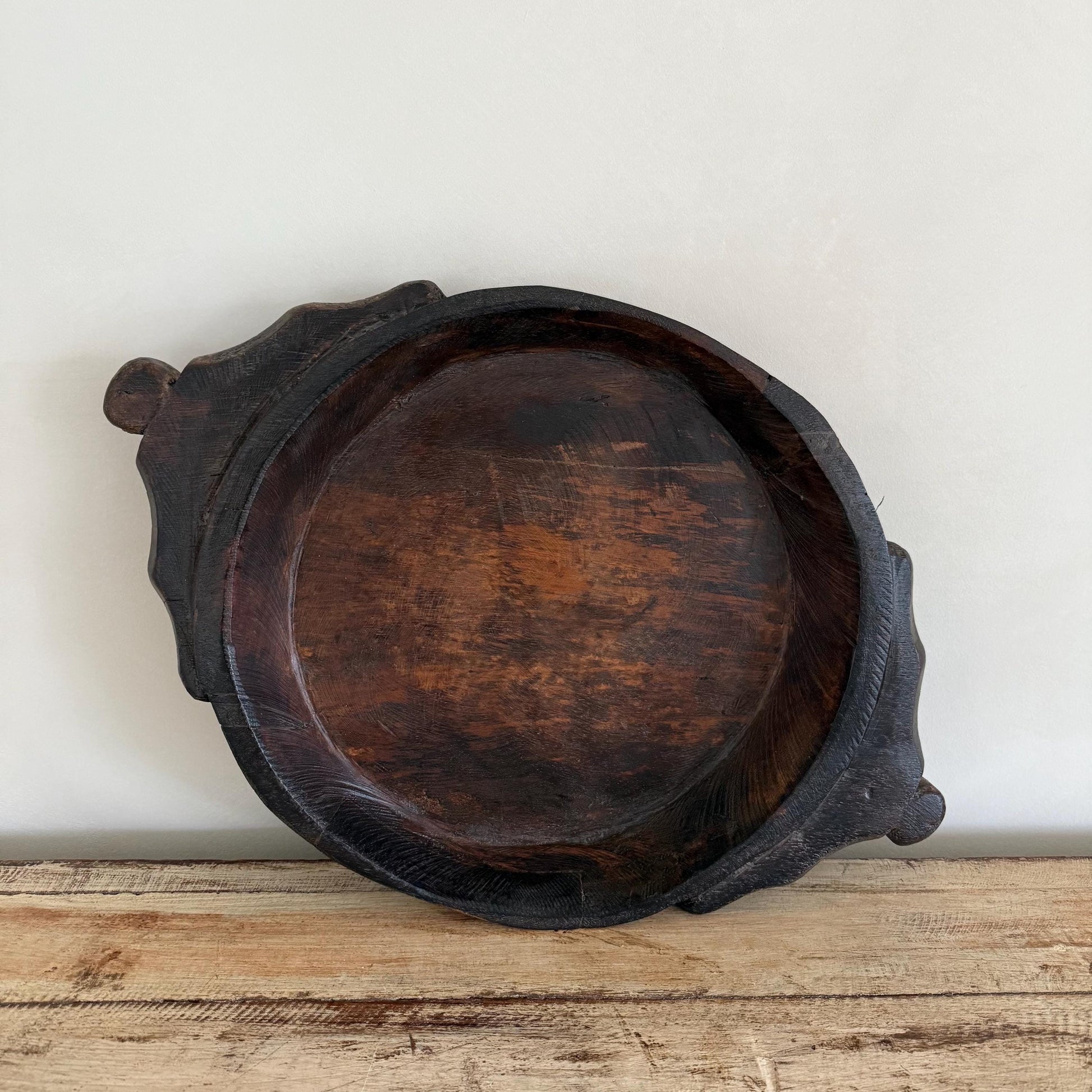 Vintage Teak Wood Dough Bowl | Dark Rustic Parat Tray 19