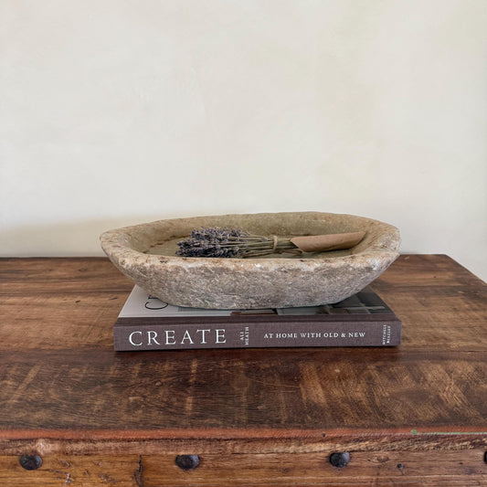 Vintage Marble Kharal Stone Tray, Antique Limestone Carved Oval Tray, Primitive Marble Centerpiece - Project Kalaā
