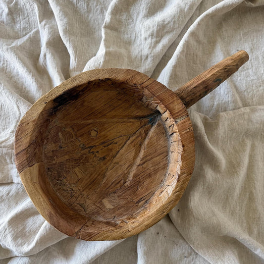 Vintage Hand Carved Teak Wood Dough Bowl with Handle | Rustic Parat Tray 19" - Project Kalaā