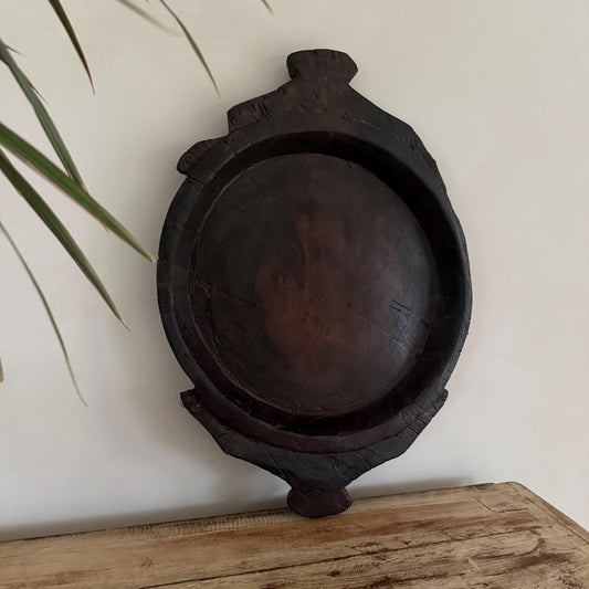 Vintage Teak Wood Dough Bowl | Dark Rustic Parat Tray 21" - Project Kalaā