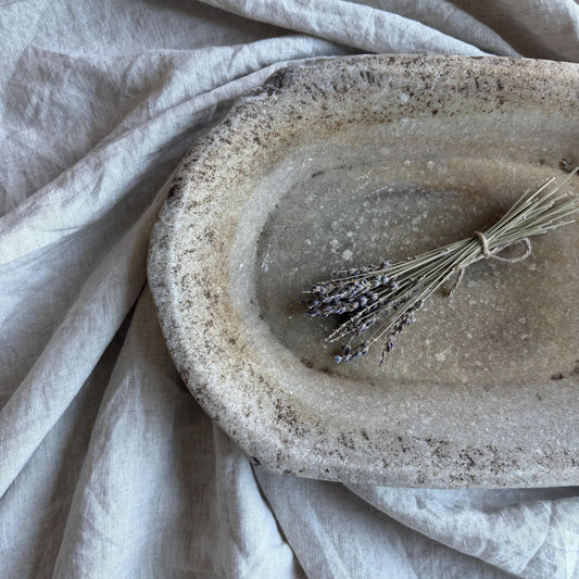 Vintage Marble Kharal Stone Tray, Antique Limestone Carved Oval Tray, Primitive Marble Centerpiece - Project Kalaā