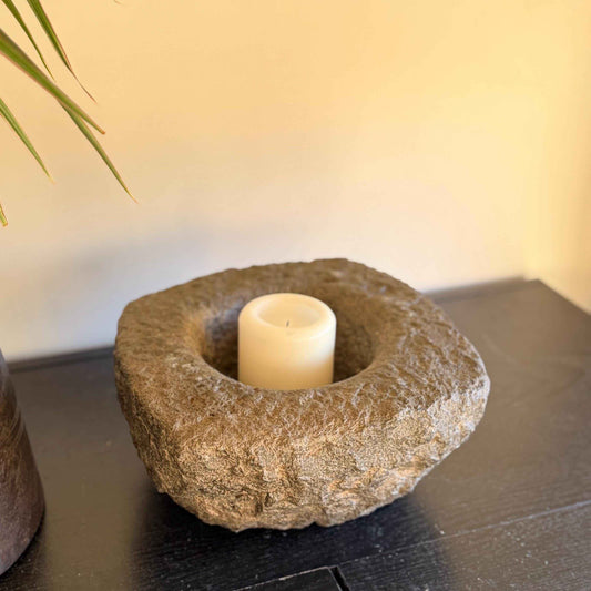 Antique Heavy Stone Mortar Planter | Vintage Hand-Carved Limestone Bowl