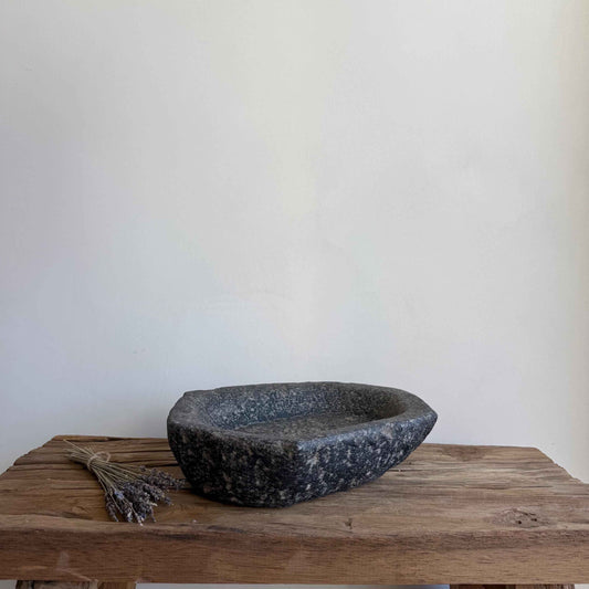 Vintage Marble Kharal 12.5" Stone Tray, Antique Limestone Carved Oval Tray, Primitive Stone Centerpiece