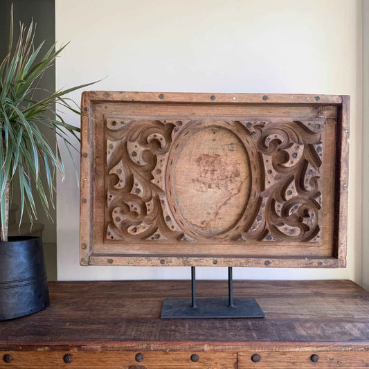 Antique Cement Mold 26" with Stand, Vintage Wooden Concrete Mold, Console Decor