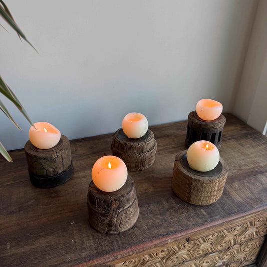 Vintage Wooden Wheel Candle Holder - Small