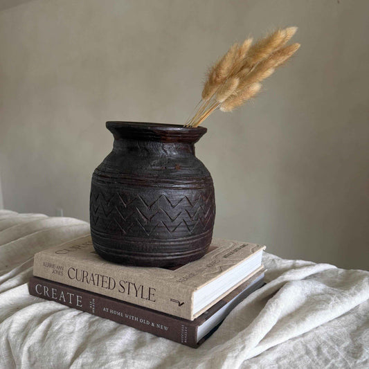Vintage Wooden 9" Planter, Rustic Teak Pot, Antique Wooden Vase