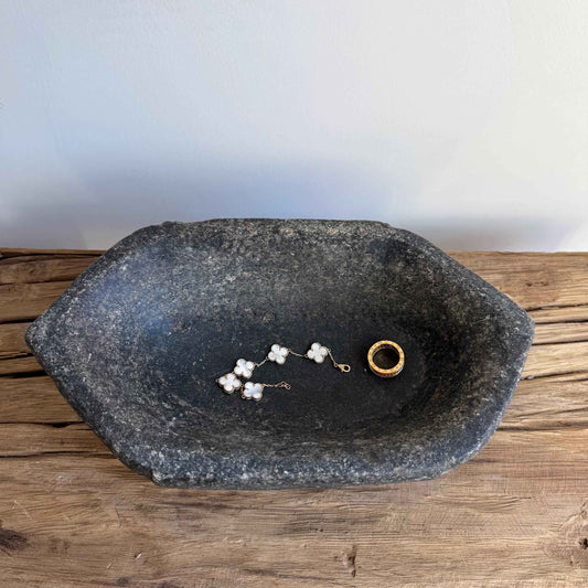 Vintage Marble Kharal 12" Stone Tray, Antique Limestone Carved Oval Tray, Primitive Stone Centerpiece