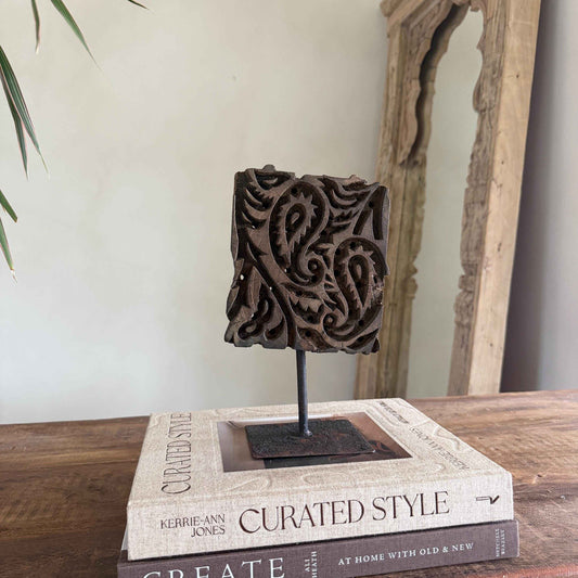 Vintage Wooden Printing Stamp on Iron Stand, Fabric/Textile Print Tool