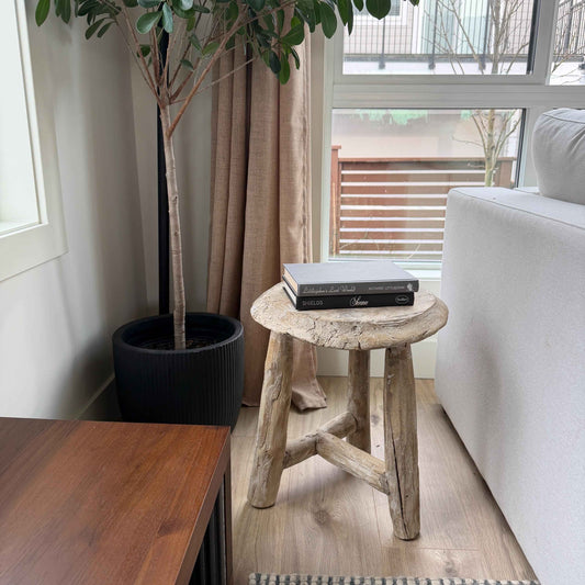 Vintage Wagon Bleached Wheel Stool | Reclaimed Wood Side Table | Rustic Farmhouse End Table