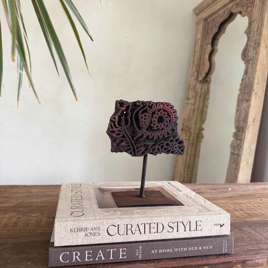 Vintage Wooden Printing Stamp on Iron Stand, Fabric/Textile Print Tool