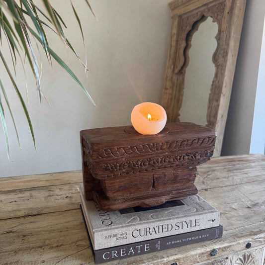 Vintage Teak Palace Capital Candle Holder | Hand-Carved Royal Relic