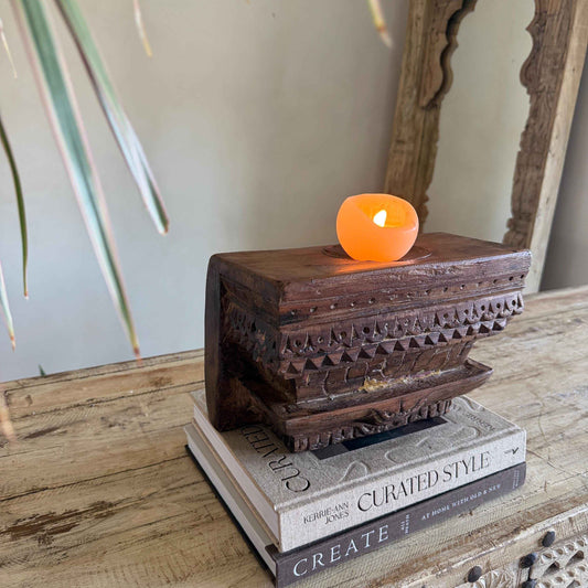 Vintage Teak Palace Capital Candle Holder | Hand-Carved Royal Relic