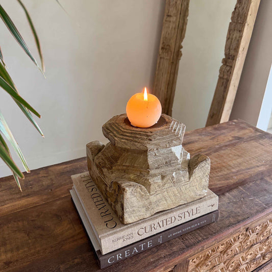 Vintage Teak Palace Capital Candle Holder | Hand-Carved Royal Relic