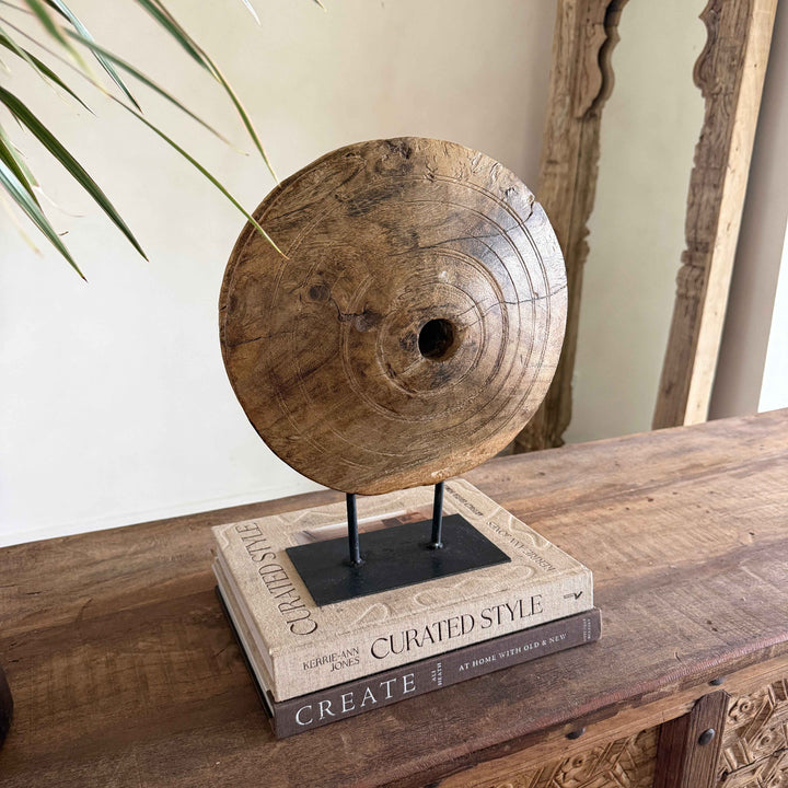 Vintage Wooden Pulley wheel on stand 14"