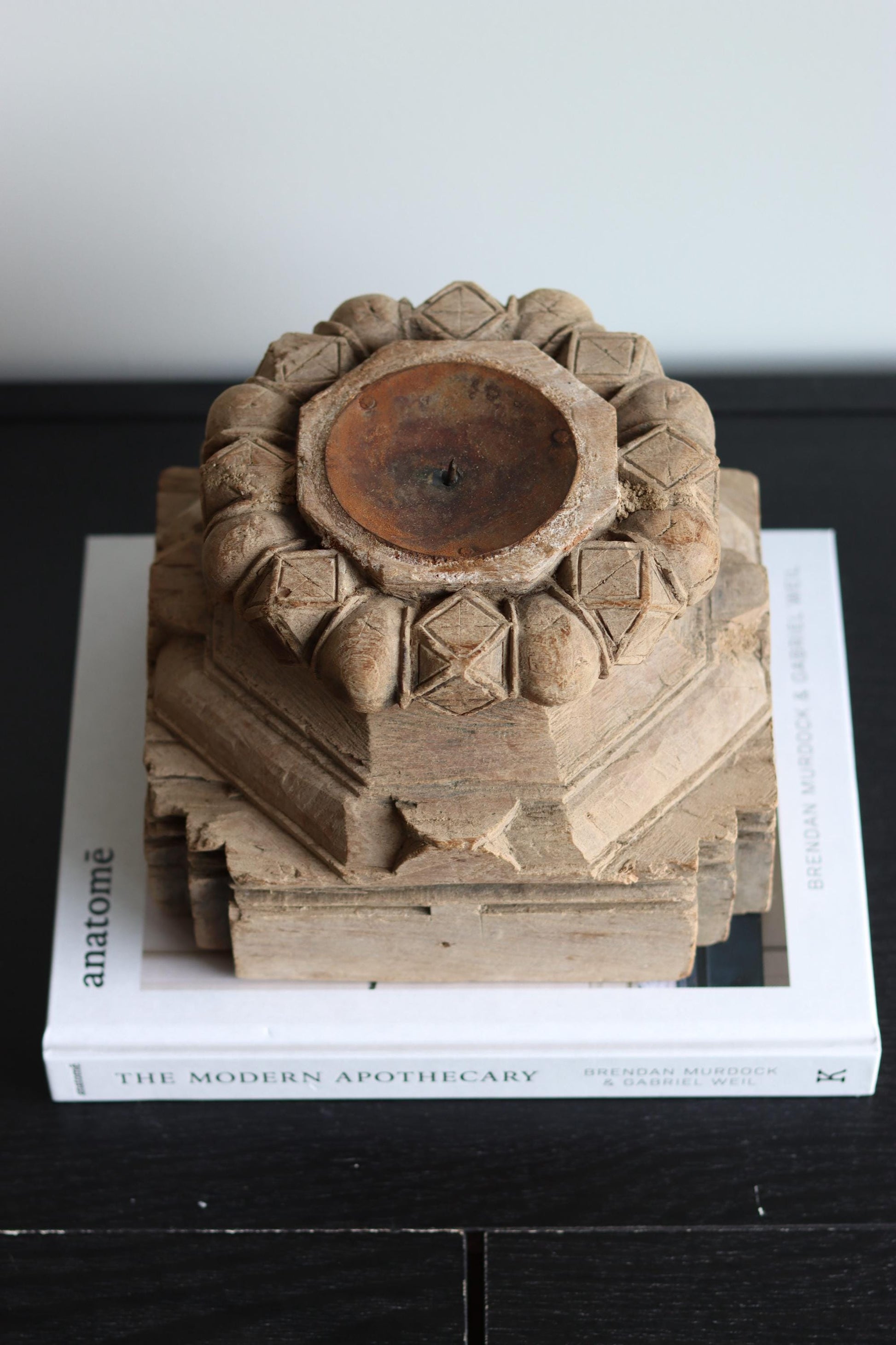 XL Vintage Carved Teak Wood Candleholder