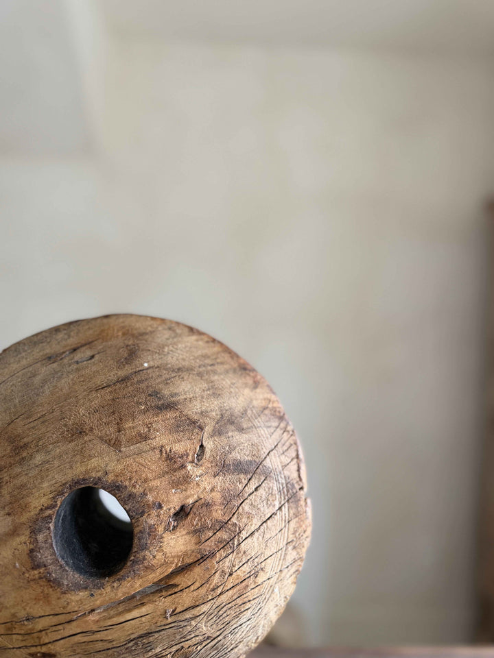 Vintage Wooden Pulley wheel on stand 12"