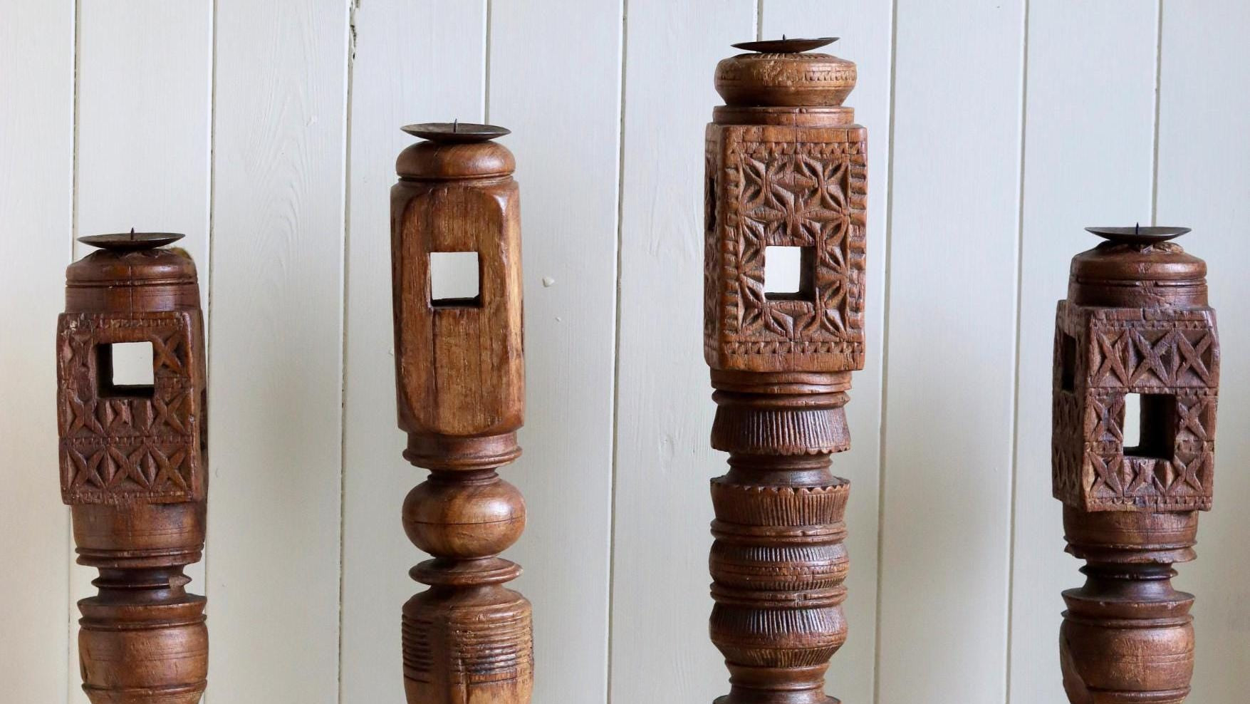Vintage Wooden Tall Paga Candle Holders