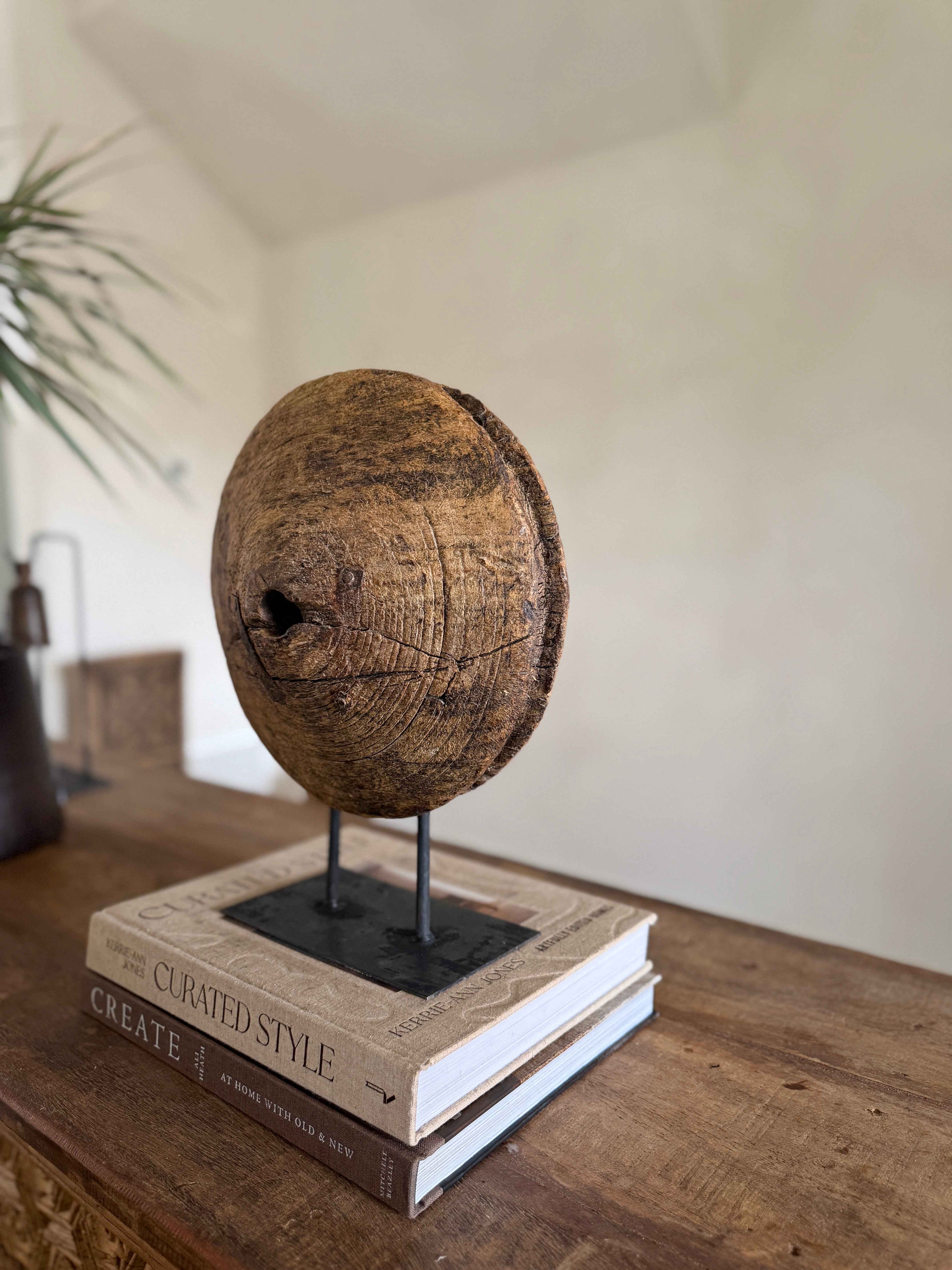 Vintage Wooden Pulley wheel on stand 13"