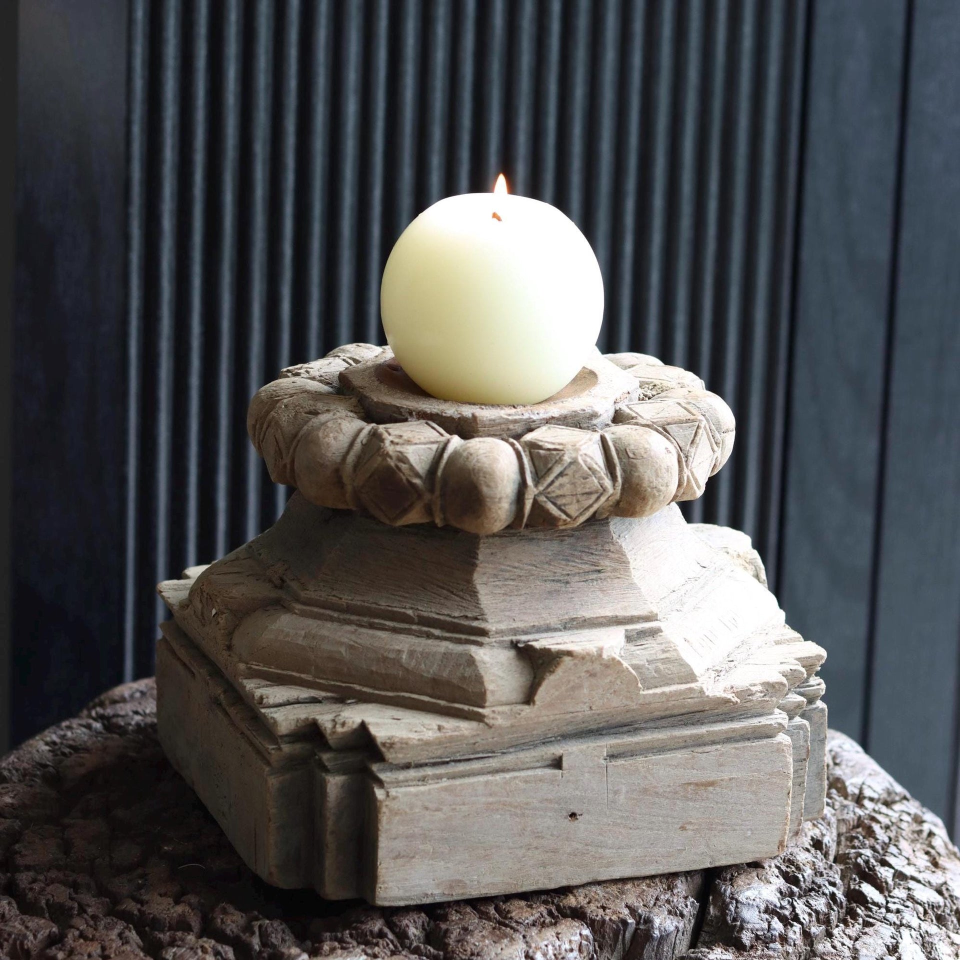 XL Vintage Carved Teak Wood Candleholder