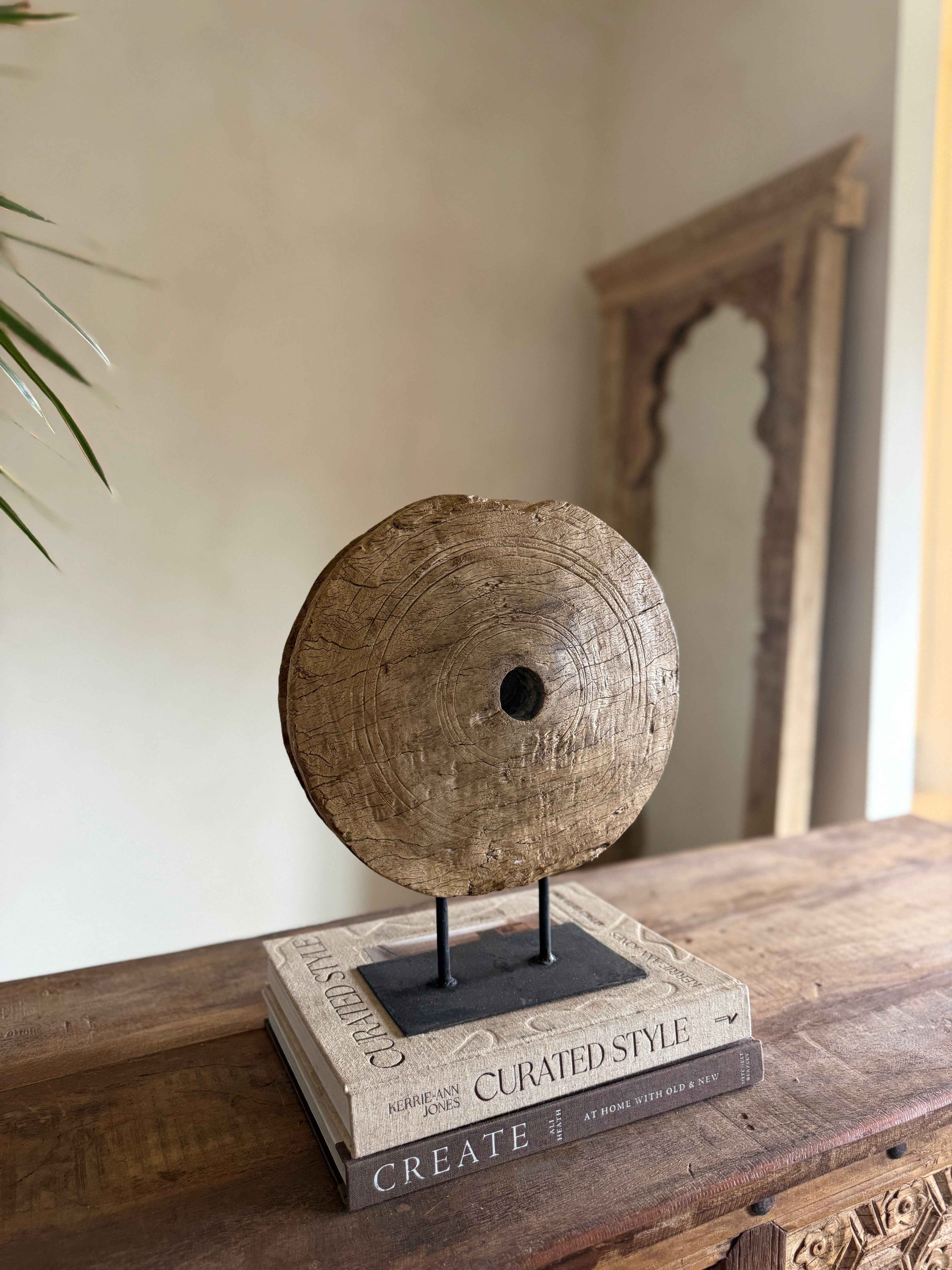 Vintage Wooden Pulley wheel on stand 13"