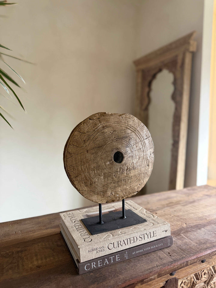 Vintage Wooden Pulley wheel on stand 13"