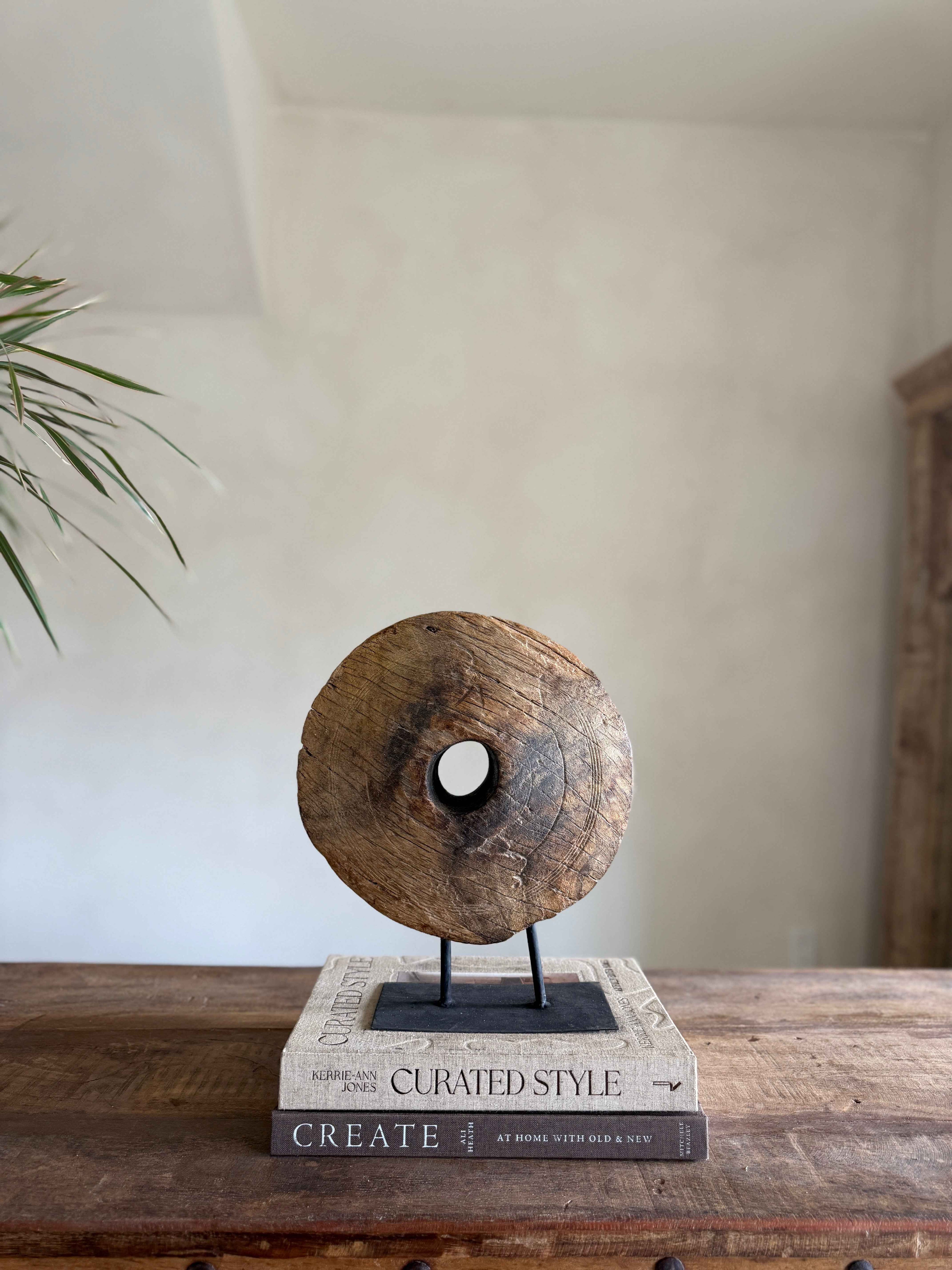 Vintage Wooden Pulley wheel on stand 12"