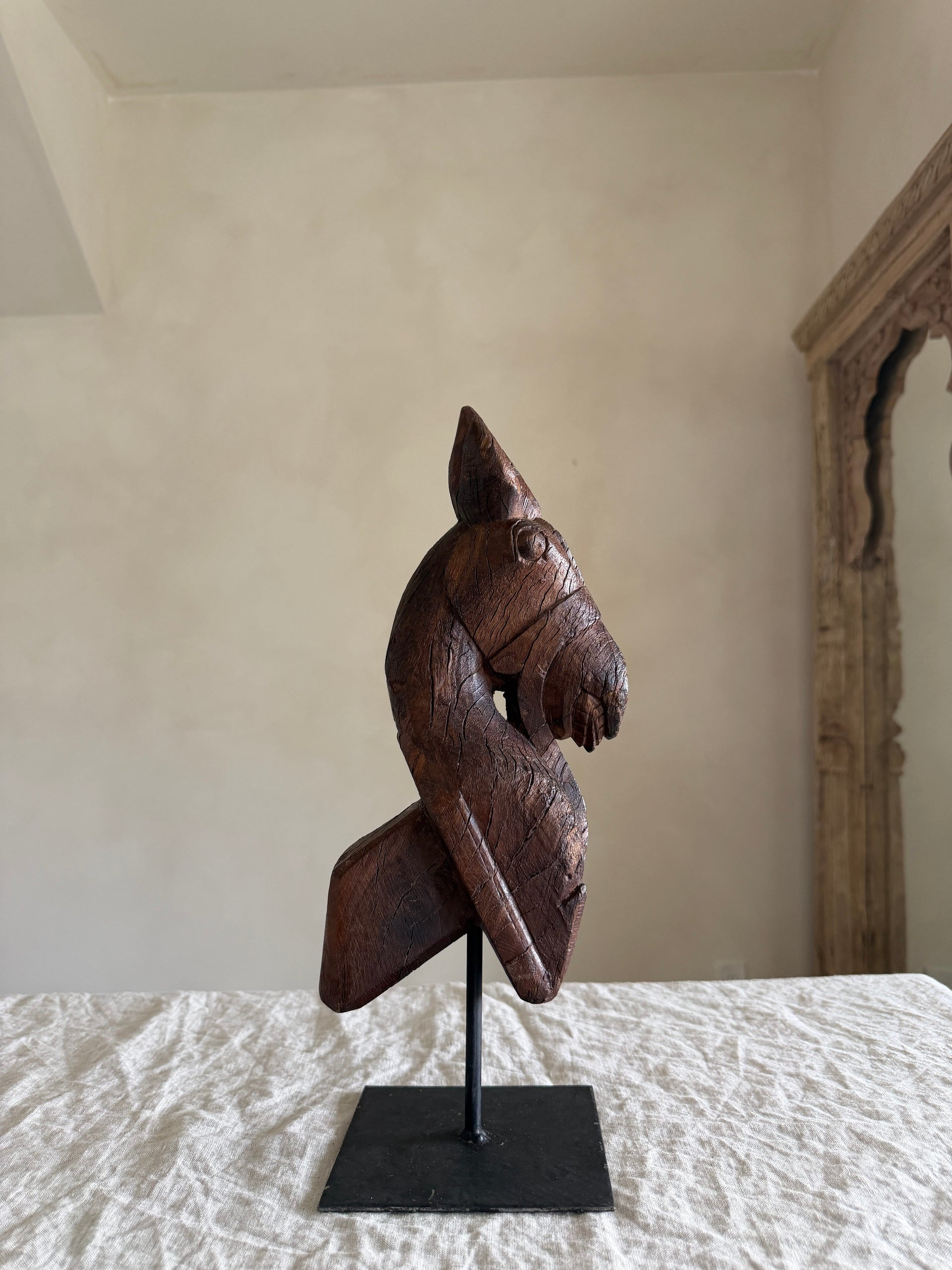 Antique Wooden Horse Head Sculpture on Stand 3