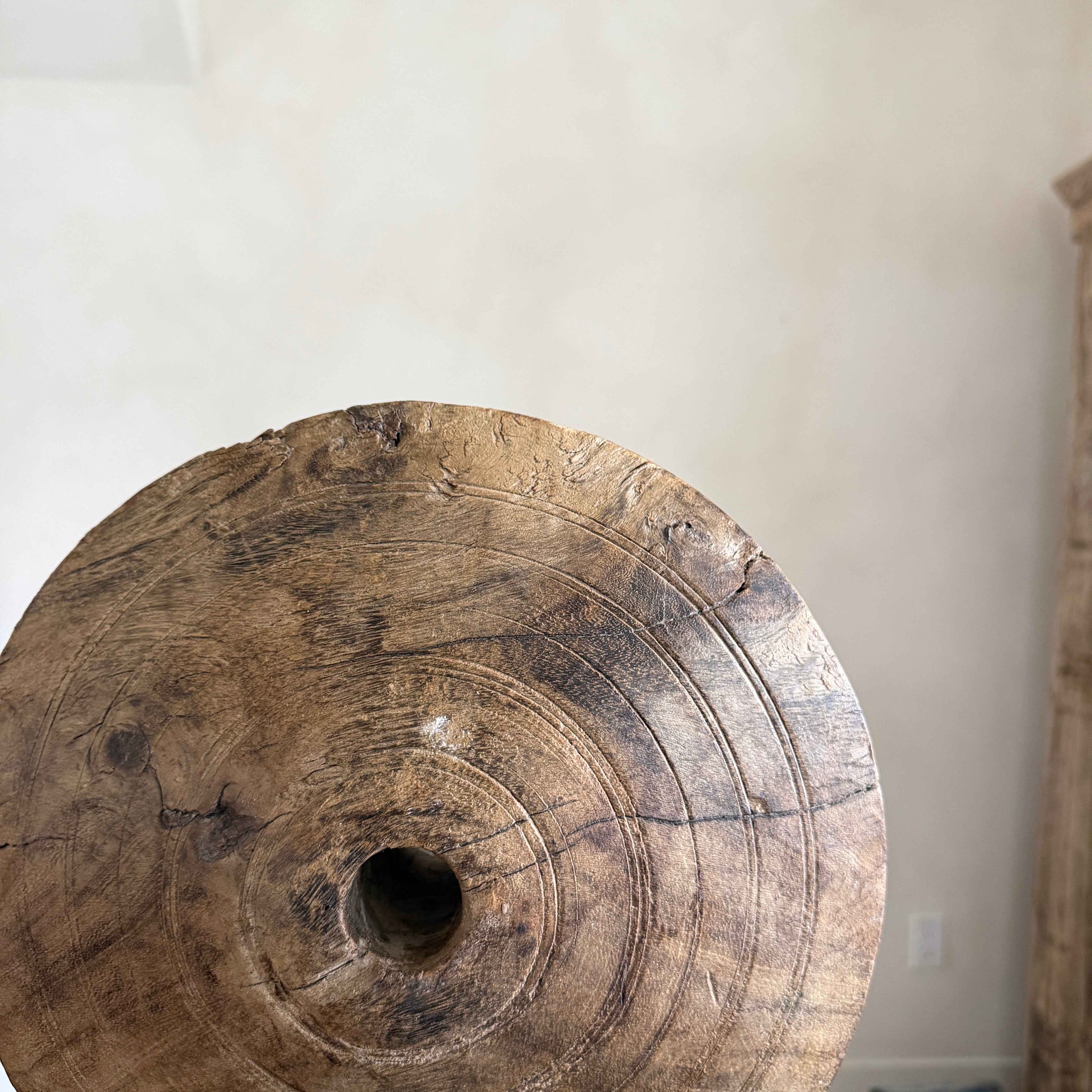 Vintage Wooden Pulley wheel on stand 14"