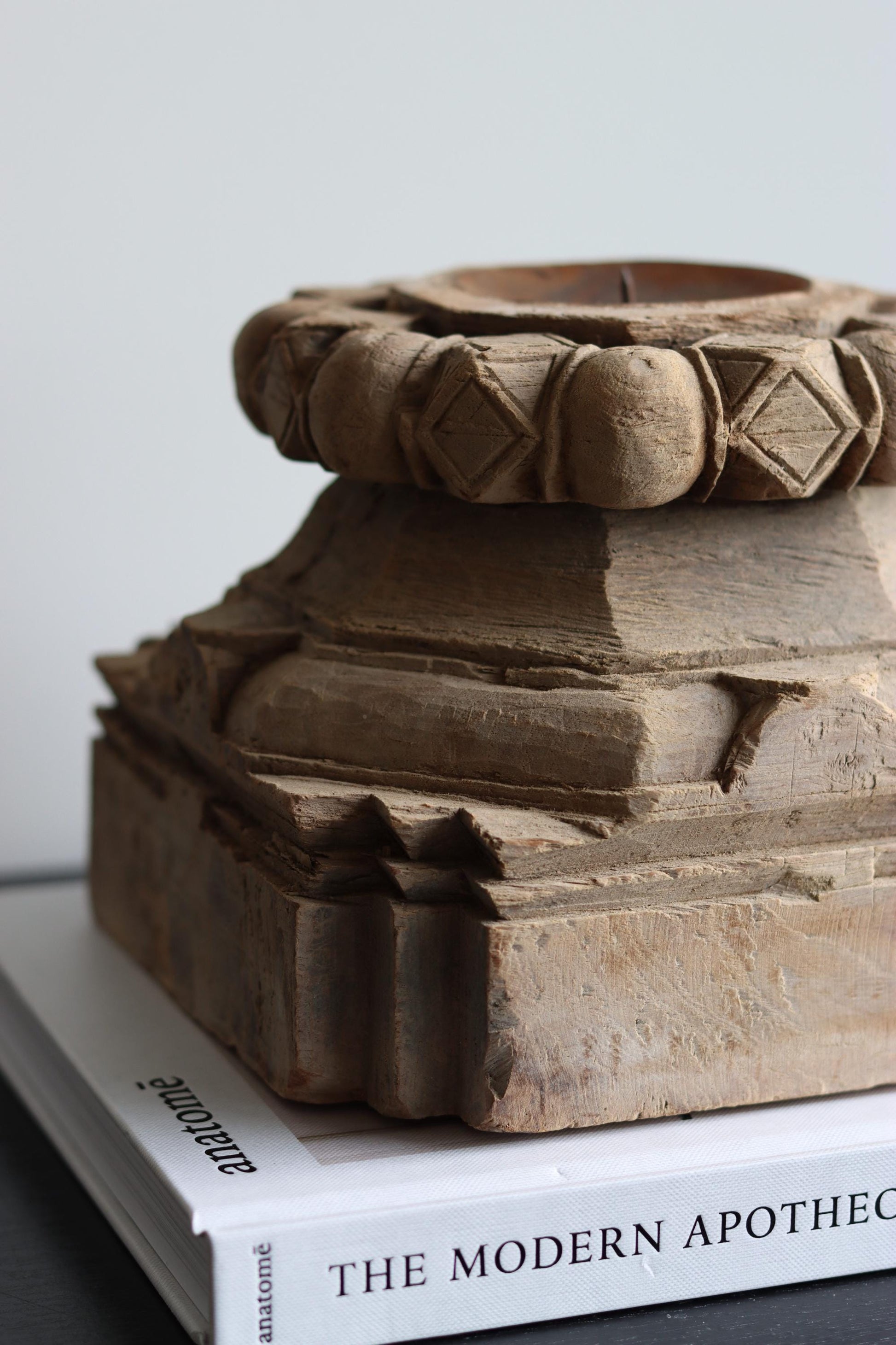 XL Vintage Carved Teak Wood Candleholder