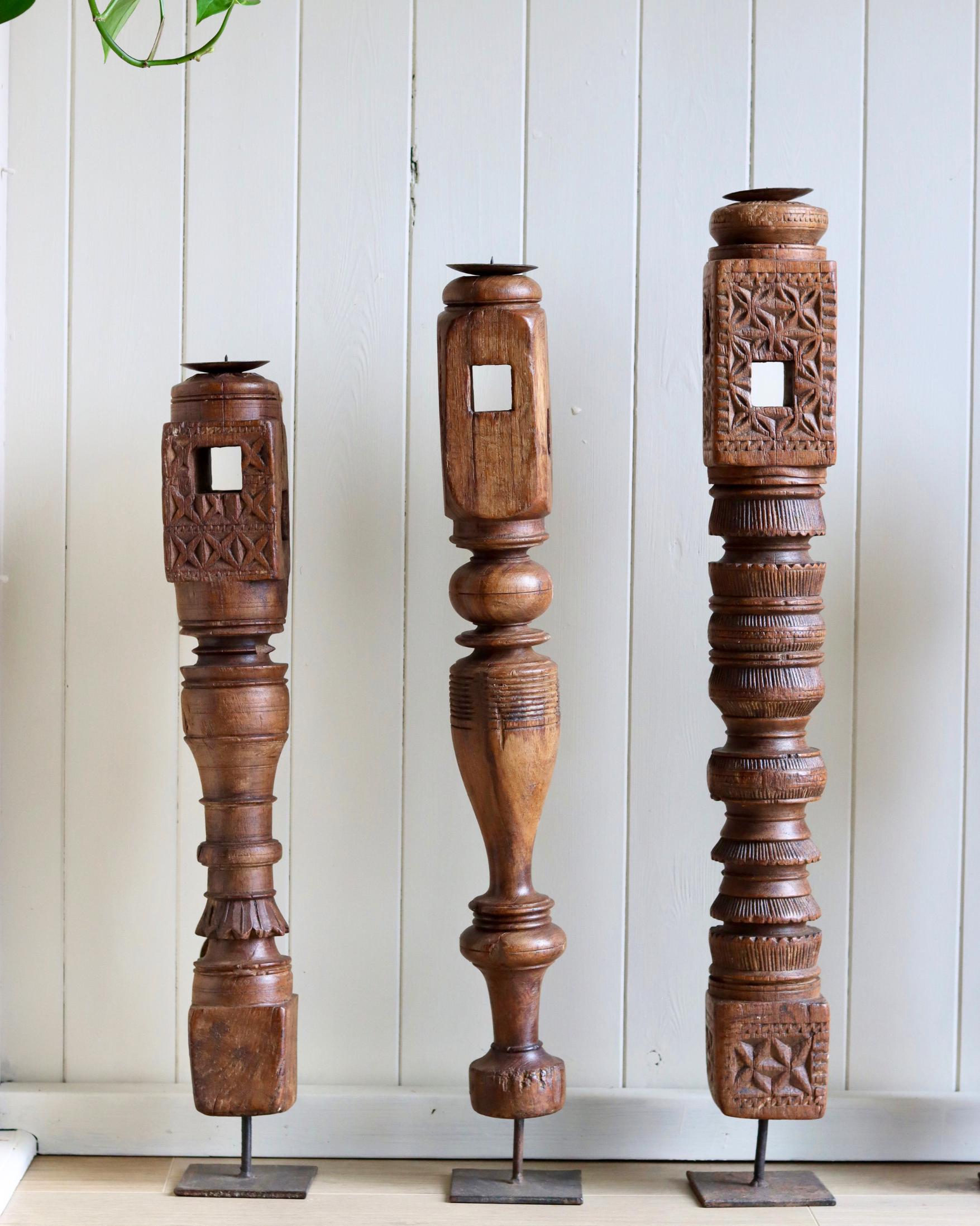 Vintage Wooden Tall Paga Candle Holders