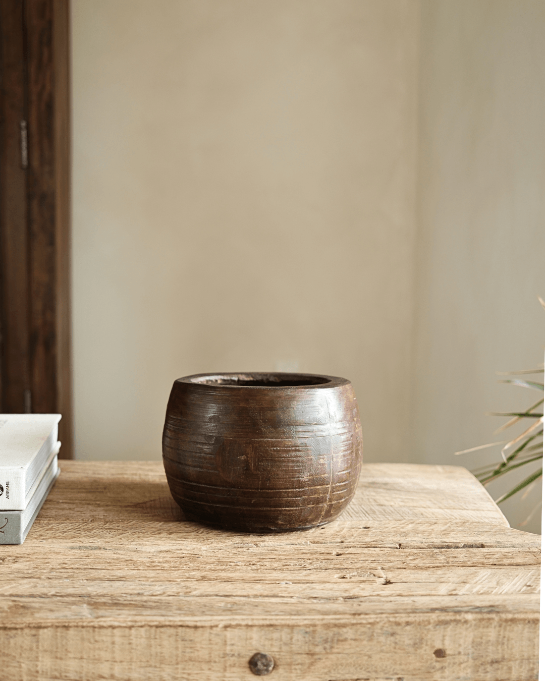 Barrel Shaped Wood Pot 6"
