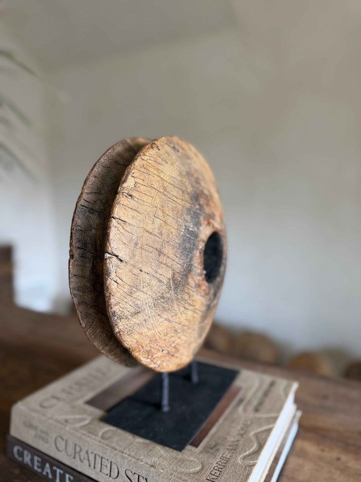 Vintage Wooden Pulley wheel on stand 12"