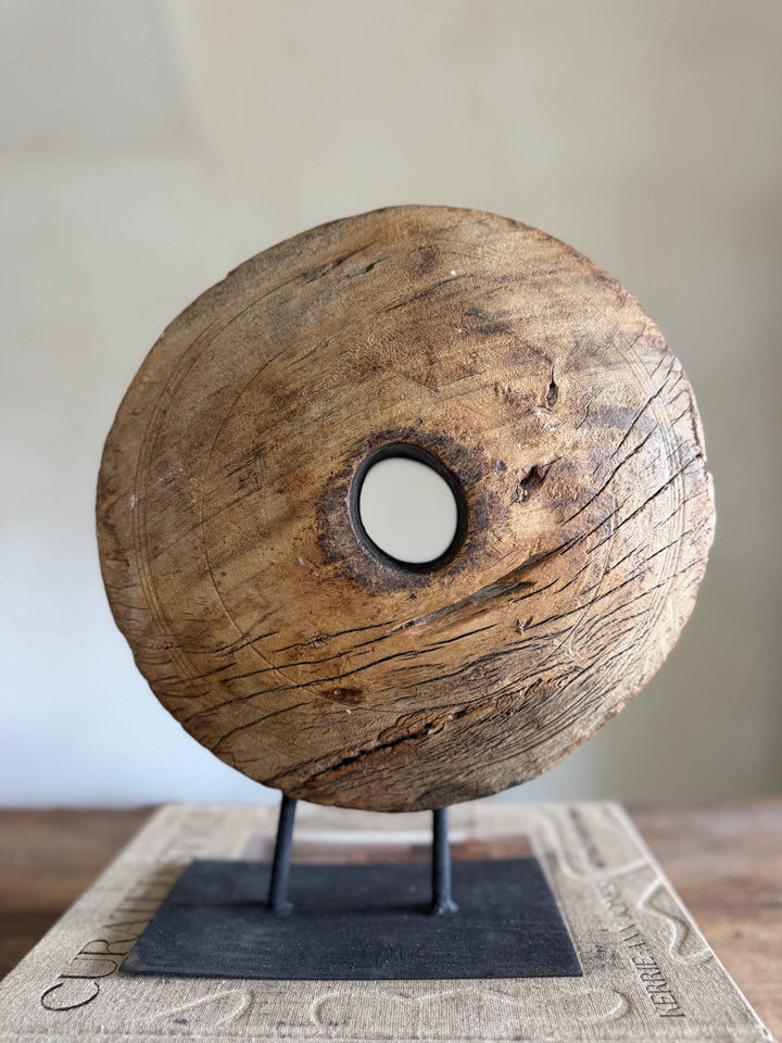 Vintage Wooden Pulley wheel on stand 12"