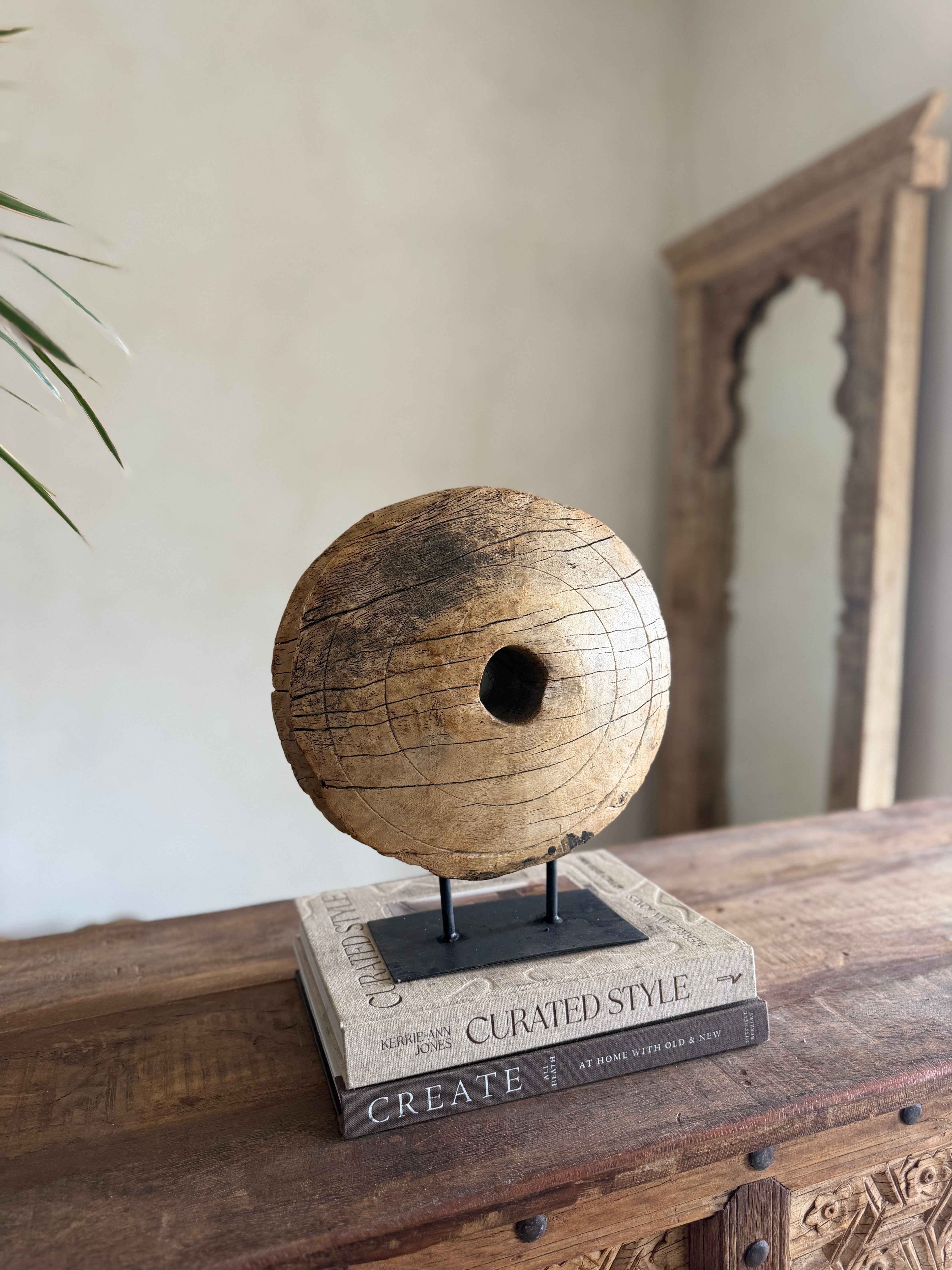 Vintage Wooden Pulley wheel on stand 12.5"