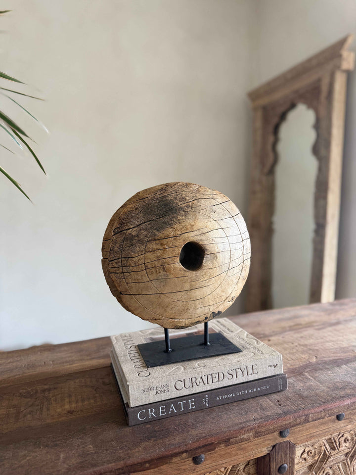 Vintage Wooden Pulley wheel on stand 12.5"