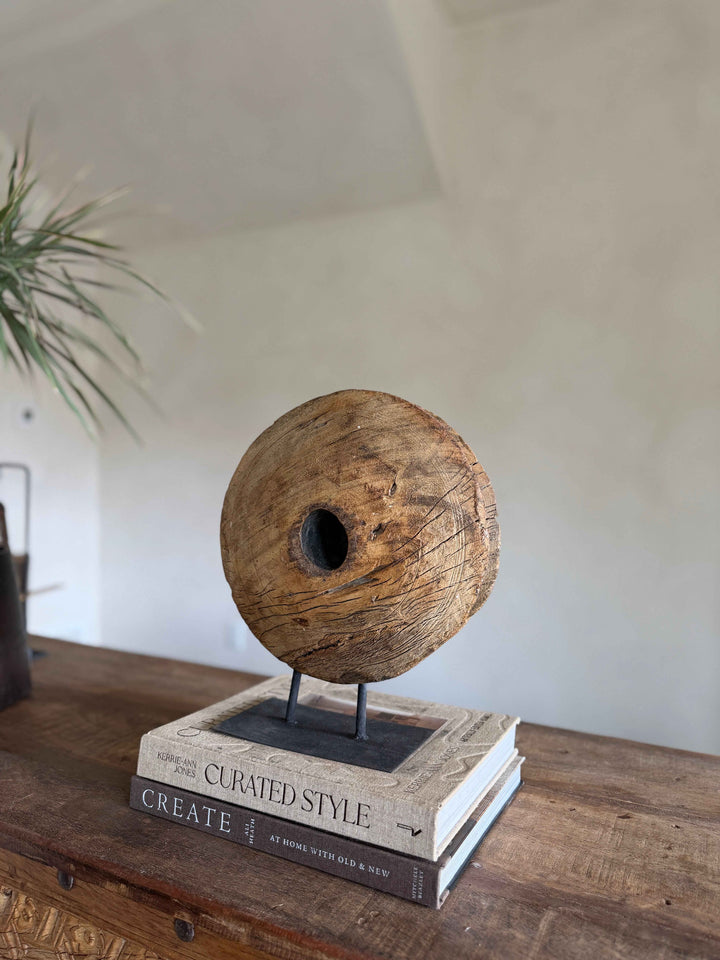 Vintage Wooden Pulley wheel on stand 12"