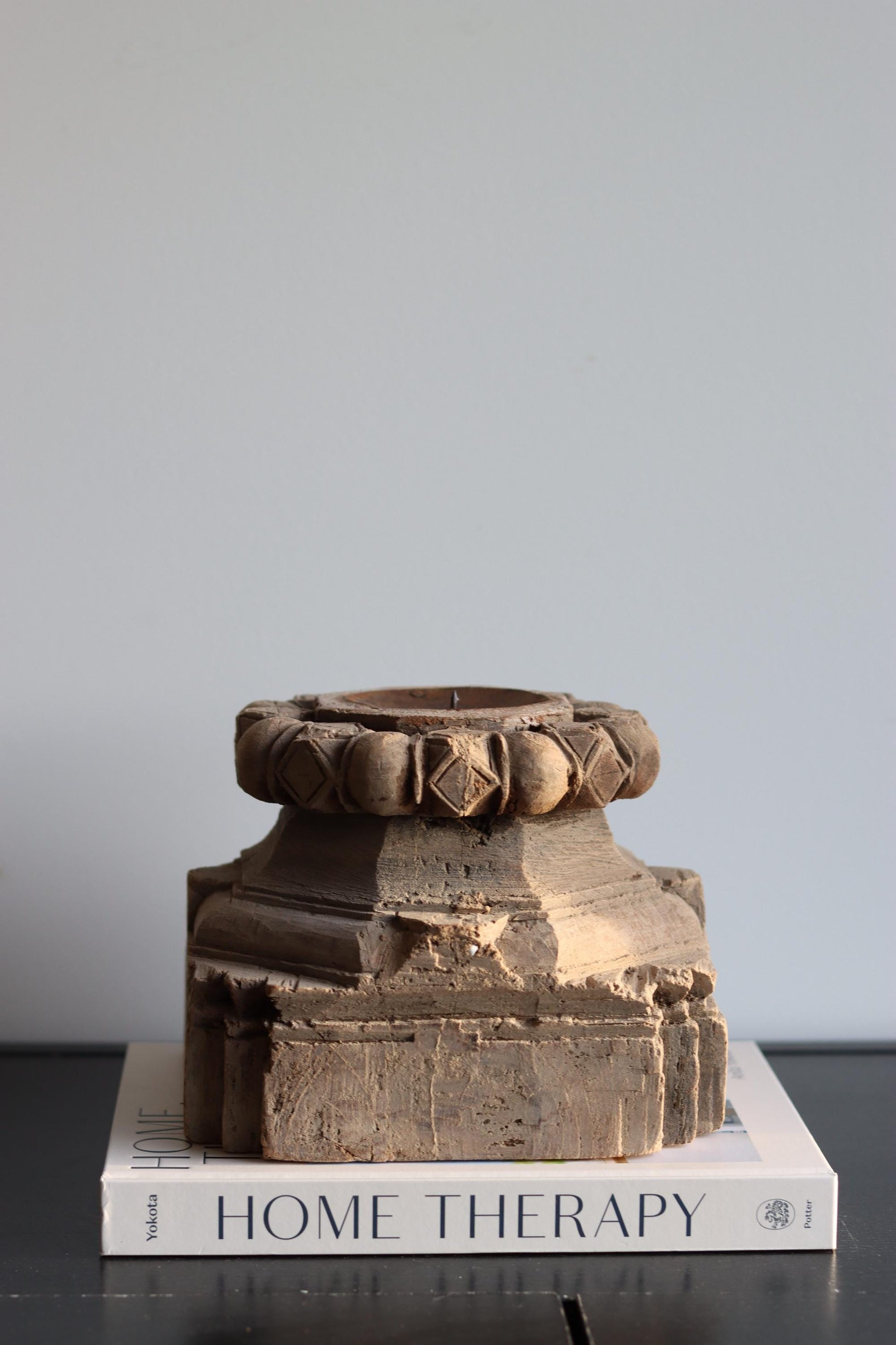 XL Vintage Carved Teak Wood Candleholder
