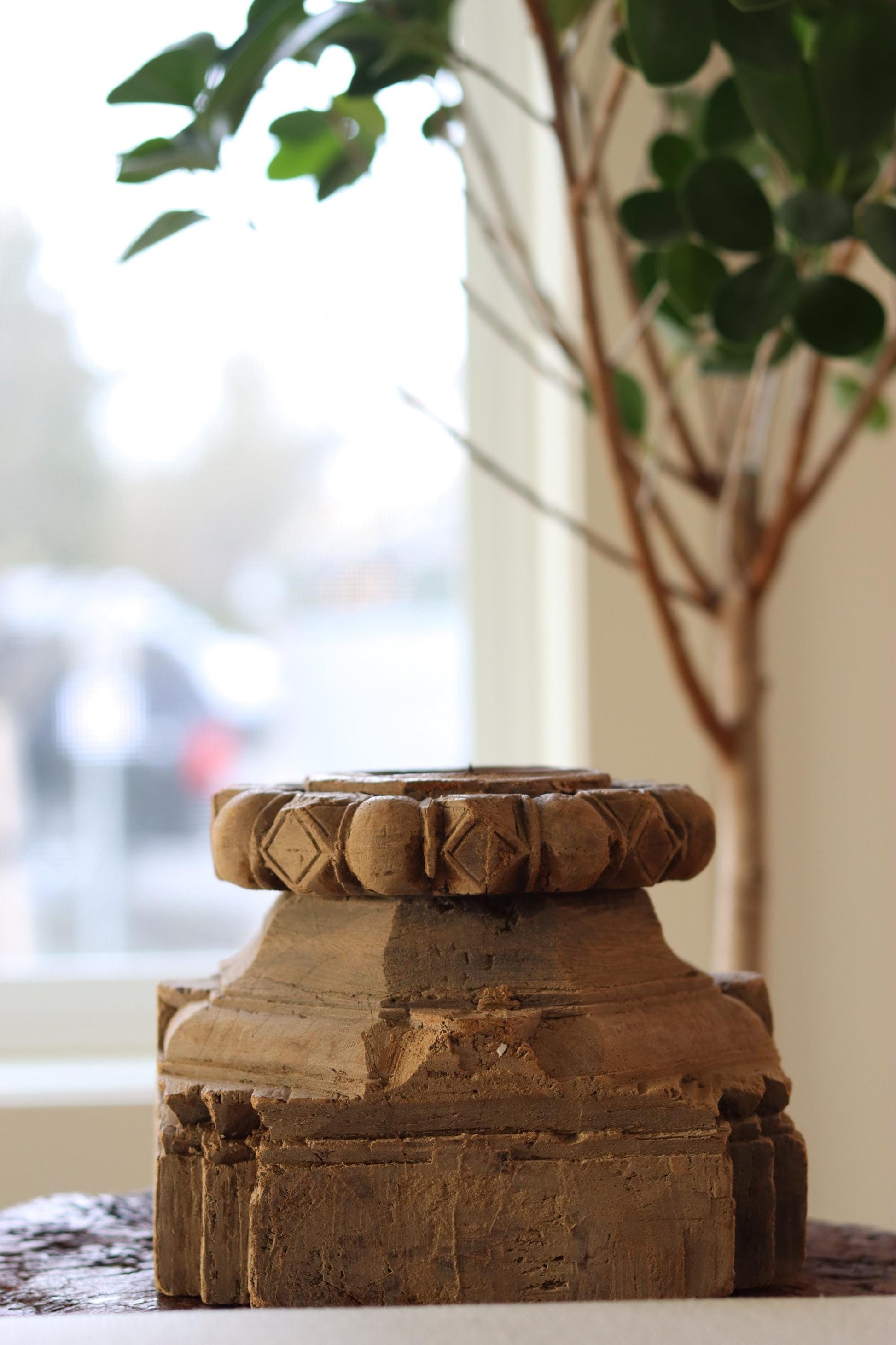 XL Vintage Carved Teak Wood Candleholder