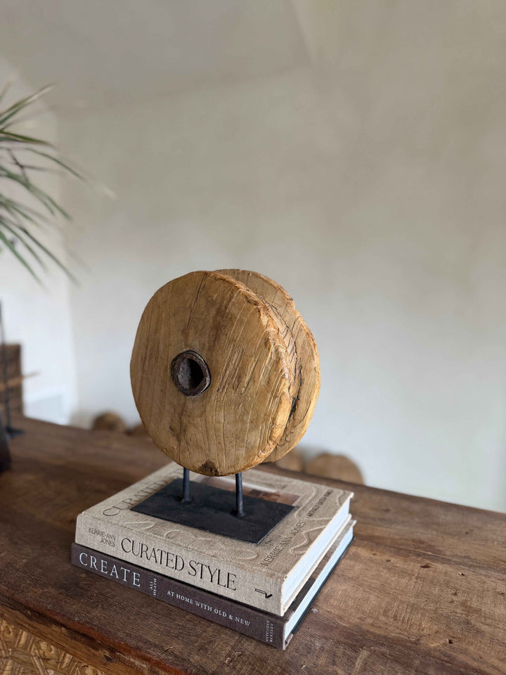 Vintage Wooden Pulley wheel on stand 11.5"