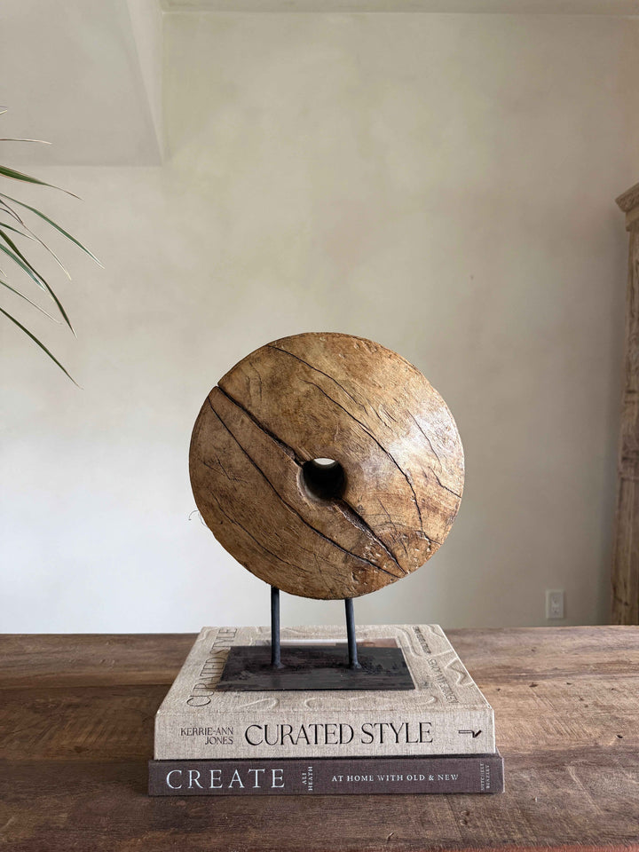 Vintage Wooden Pulley wheel on stand 12.5"