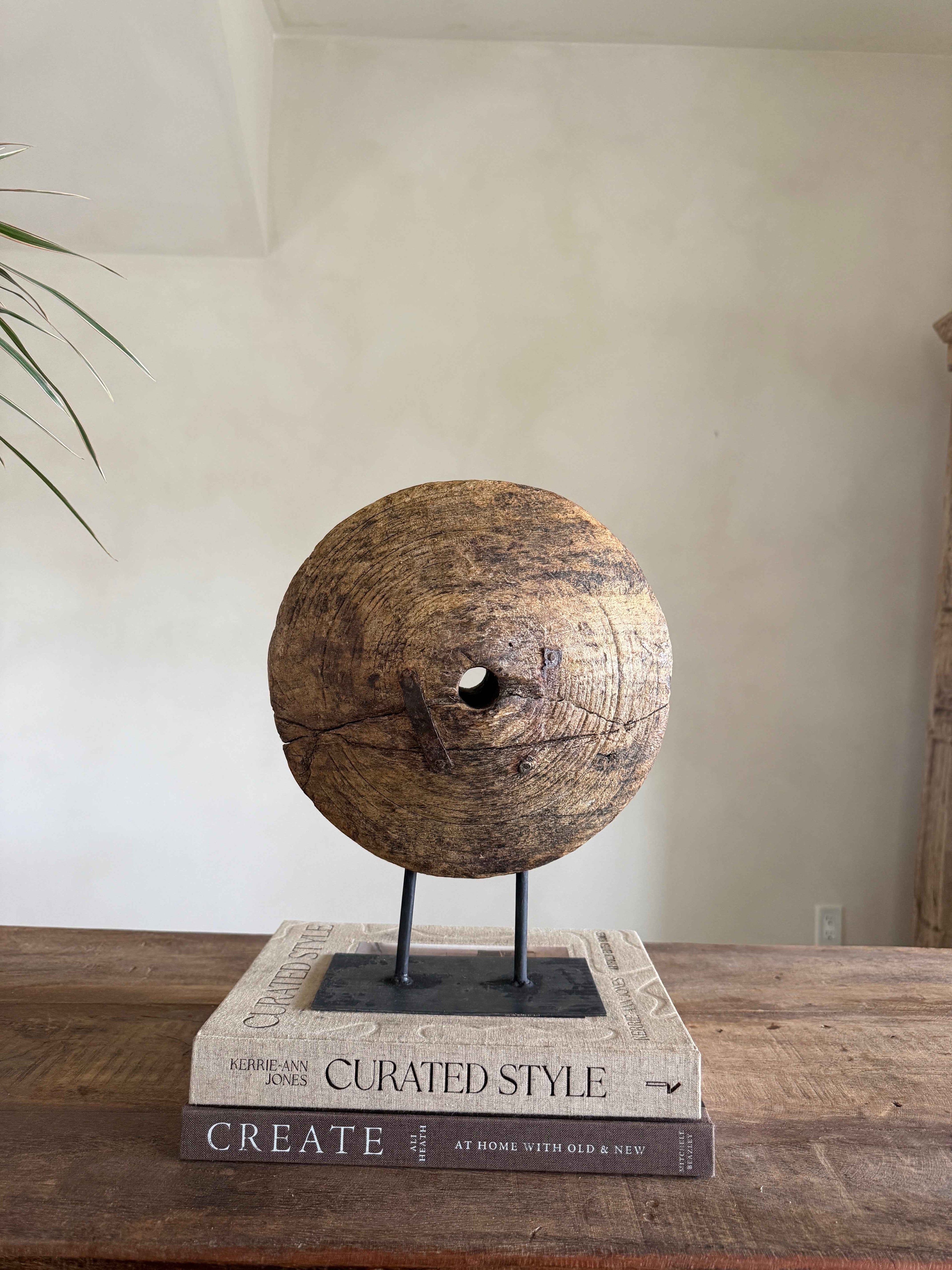 Vintage Wooden Pulley wheel on stand 13"