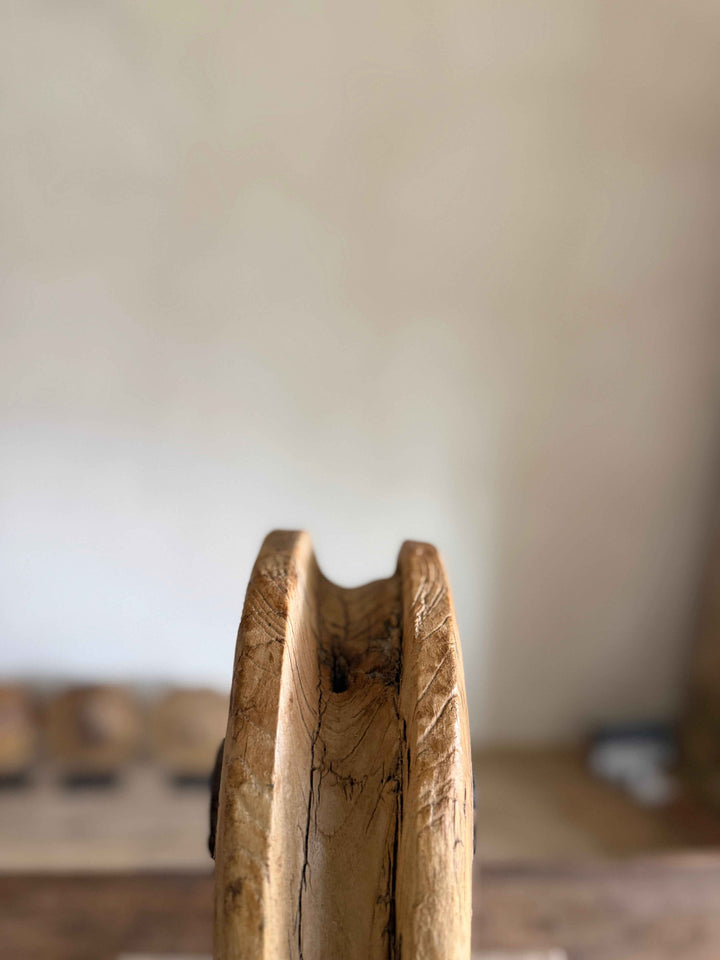 Vintage Wooden Pulley wheel on stand 11.5"