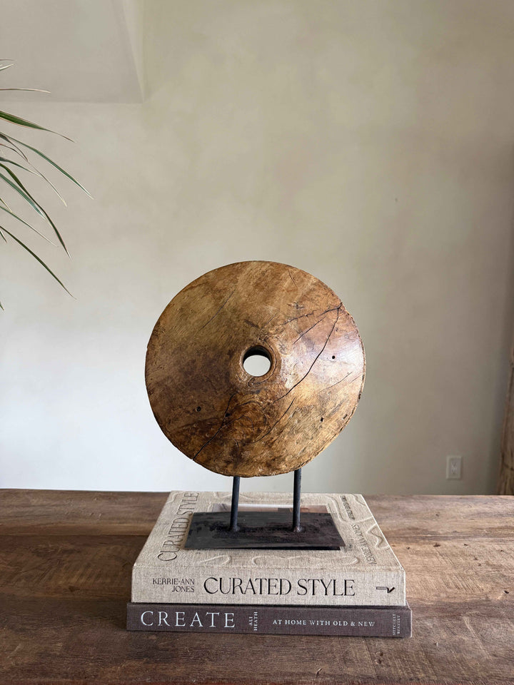 Vintage Wooden Pulley wheel on stand 12.5"