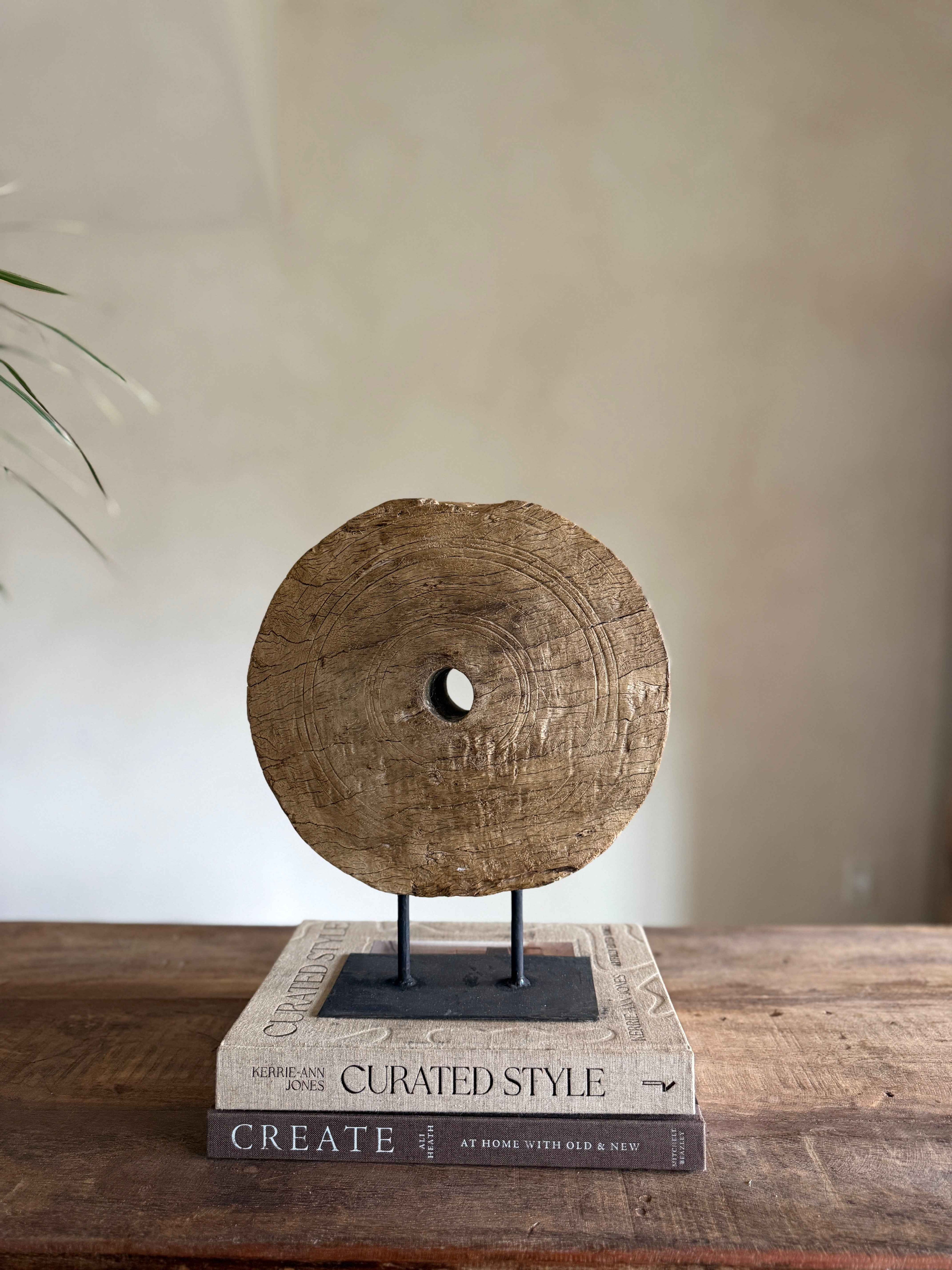 Vintage Wooden Pulley wheel on stand 13"