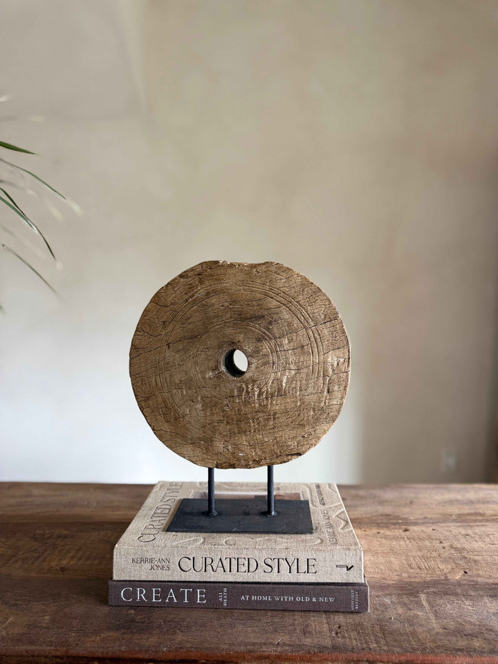 Vintage Wooden Pulley wheel on stand 13"