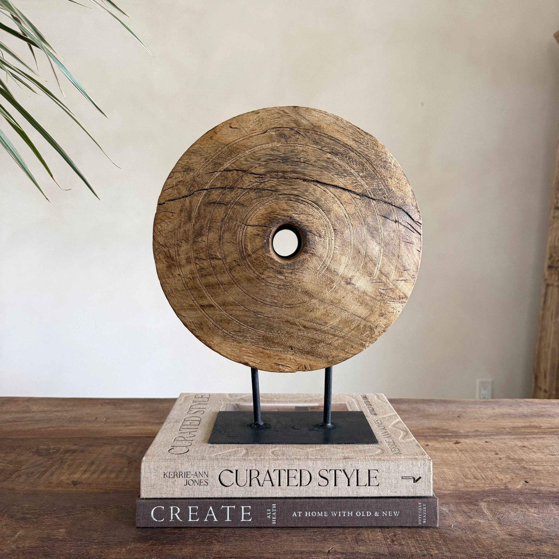Vintage Wooden Pulley wheel on stand 14"