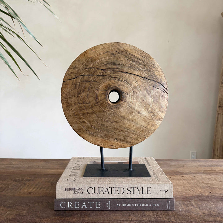 Vintage Wooden Pulley wheel on stand 14"