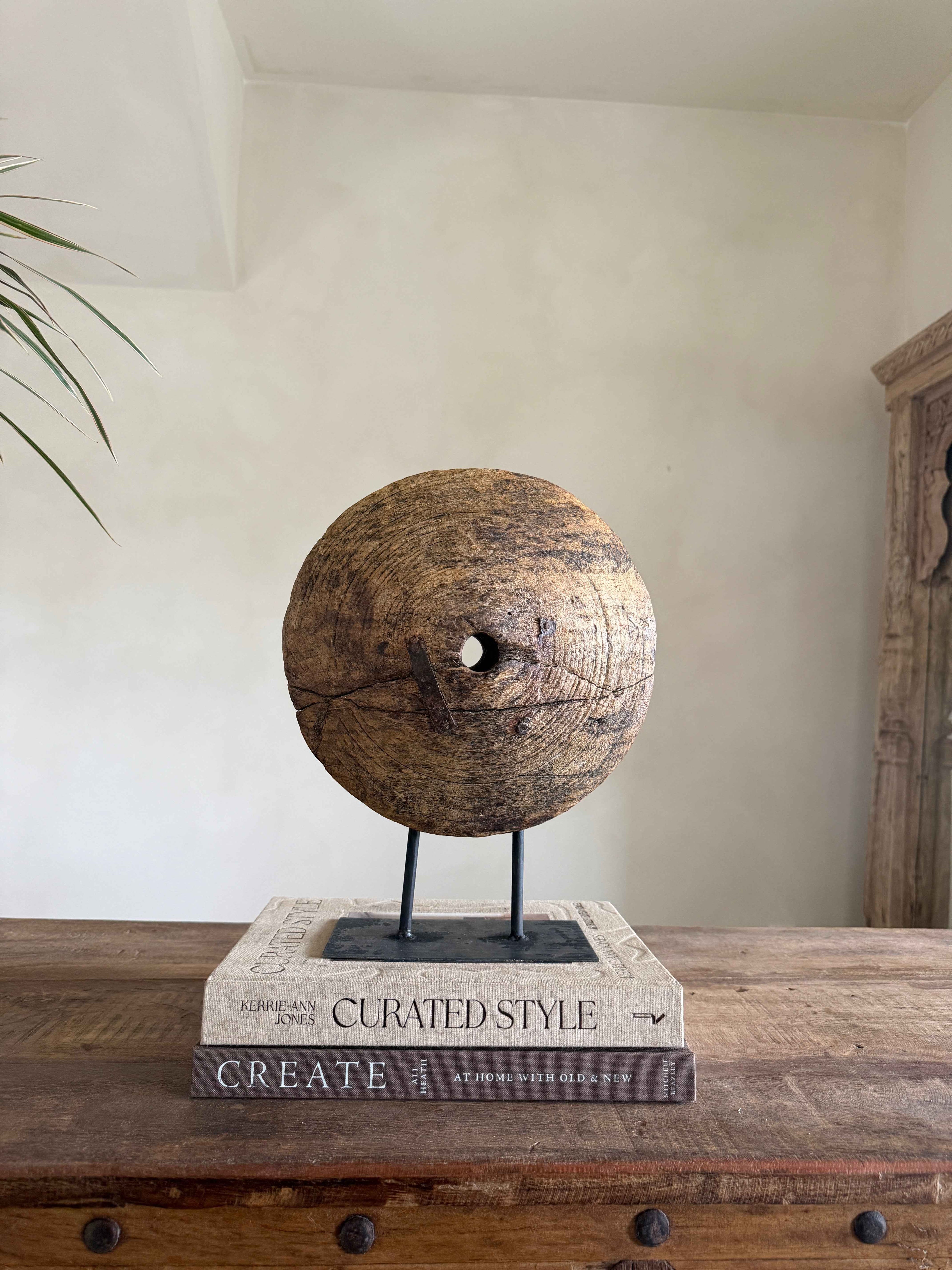 Vintage Wooden Pulley wheel on stand 13"